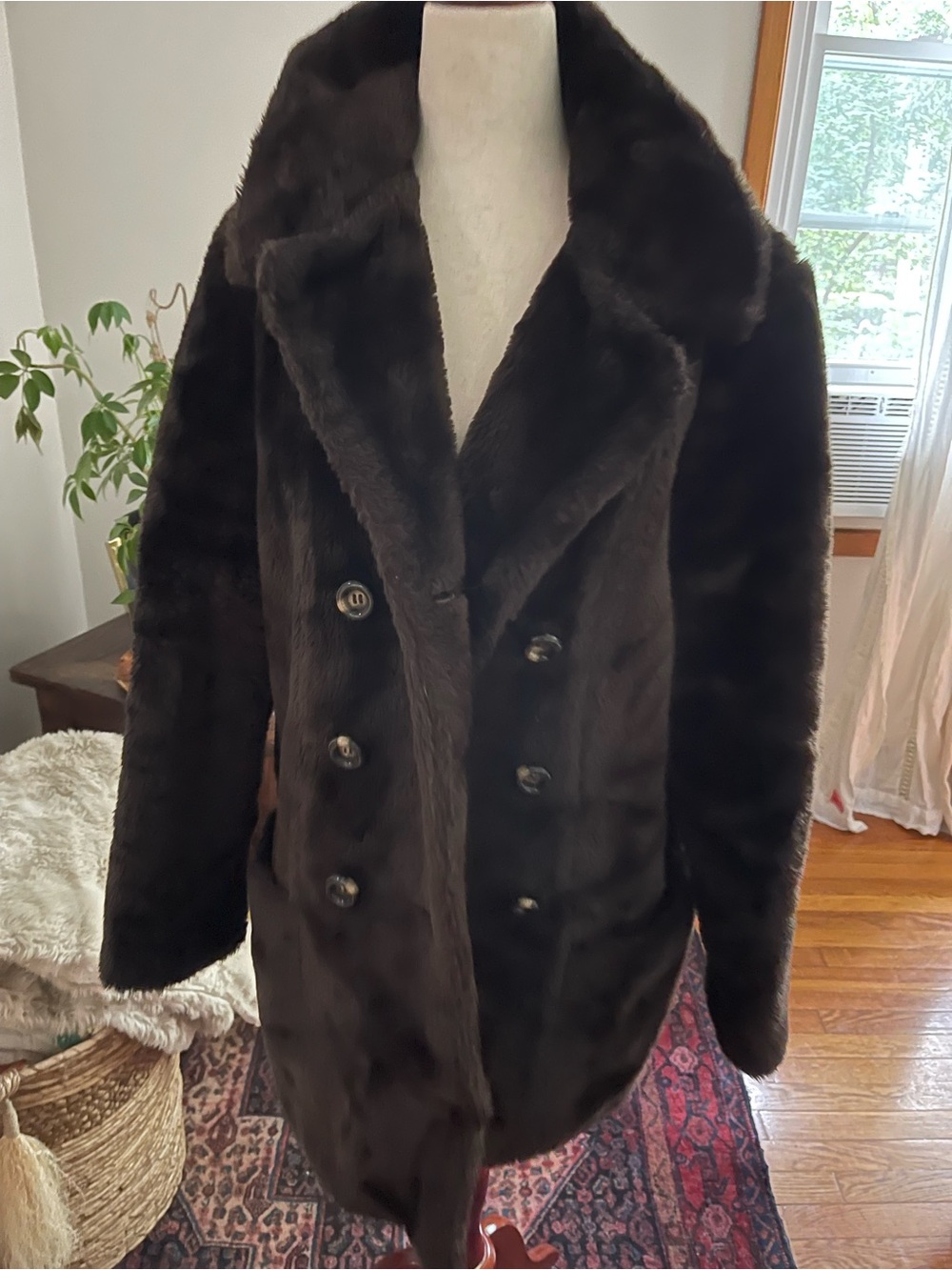 Vintage White Stag Dark Brown Faux Fur Double Breasted Oversized Coat